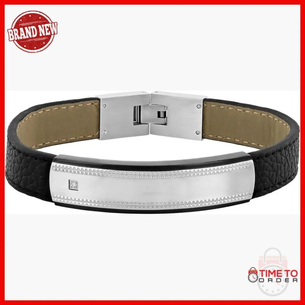 Men's Stainless Steel Leather ID Bracelet with Diamond Accent Fold Over Clasp